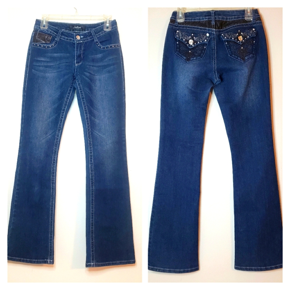 Southpole Jeans Blue Denim Black Faux Leather Beaded Jeans